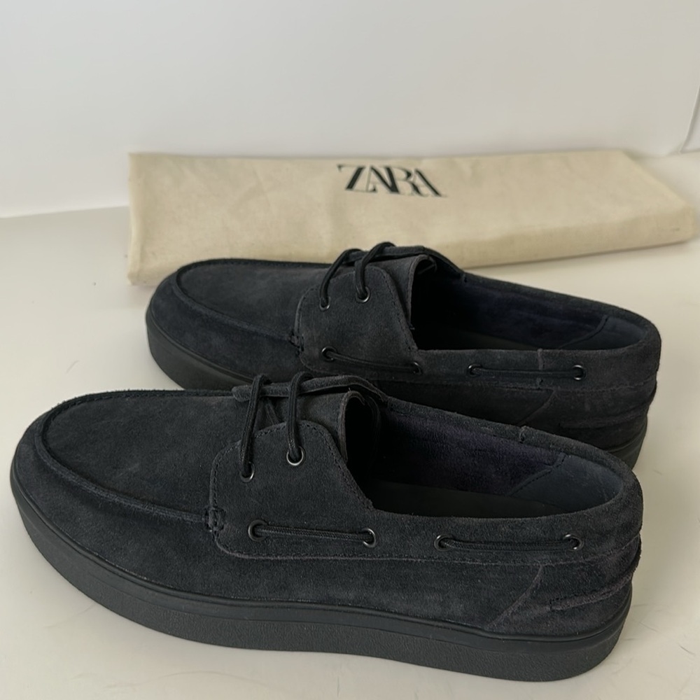 Zara Men's Dark Blue Boat Leather and Suede Finish Shoes Size 7 New 🆕